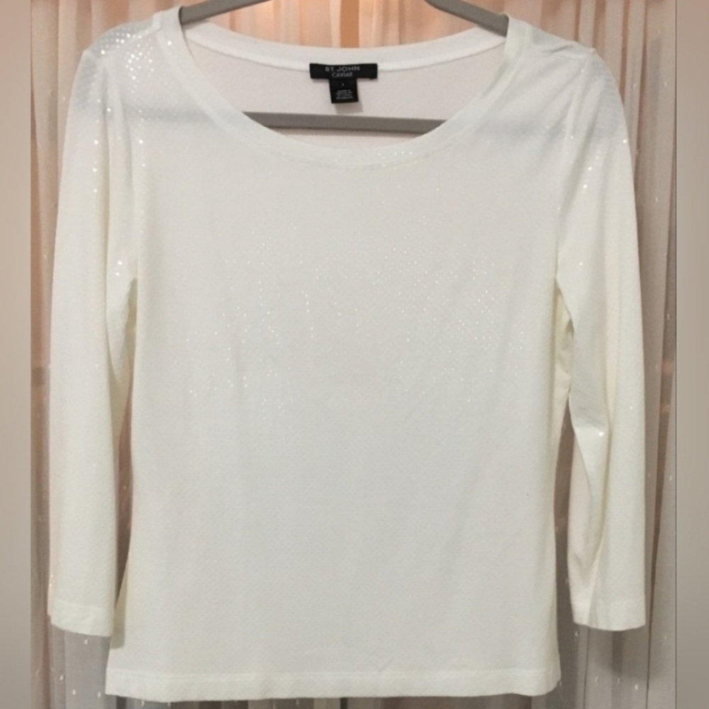 St. John Caviar Cream Sequin Long Sleeve Top